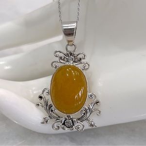 Burmese Yellow Jade Sterling Silver Pendant 20” Necklace